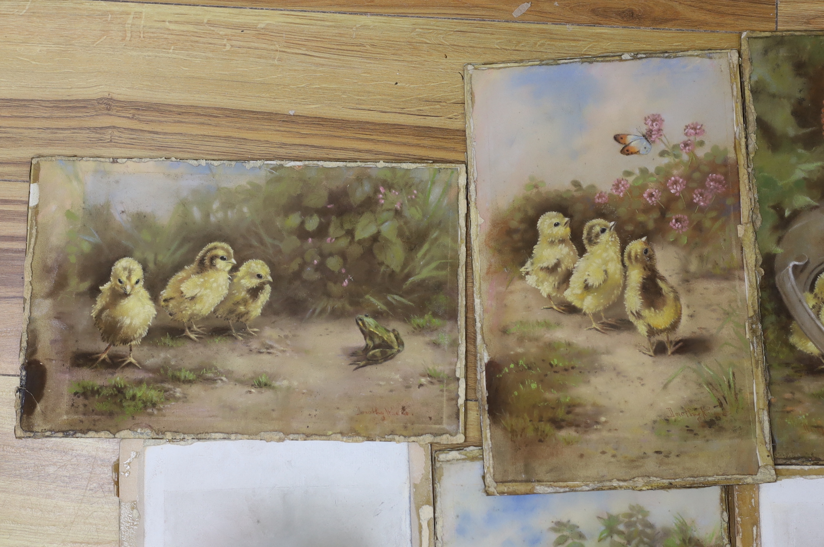 Dorothy and Minnie Keene (19th/20th. C), six original pastels for postcard designs, Easter Chicks, each signed, unframed, 23 x 36cm